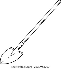 Vector Cartoon Shovel With Wooden Handle Line Art