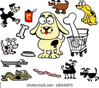 Vector cartoon showing group of funny hungry dogs. 