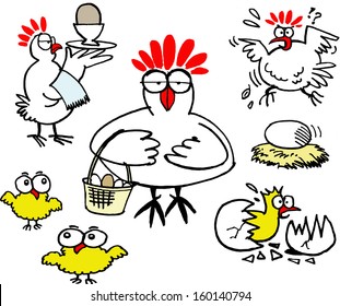 Vector cartoon showing  group of hens, chickens and eggs.