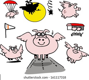 Vector cartoon showing group of pigs taking off, flying and landing.