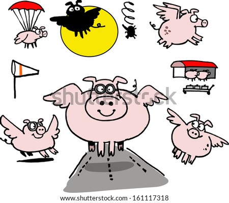 Vector cartoon showing group of pigs taking off, flying and landing.