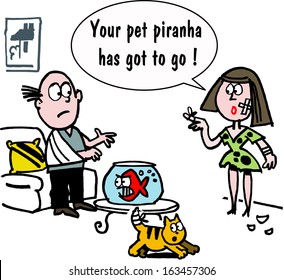 Vector cartoon showing man and woman feeding pet piranha fish