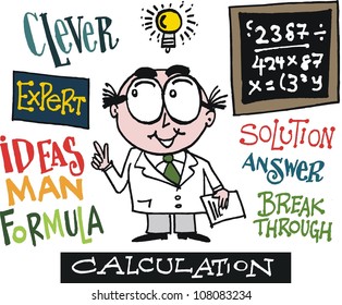 Vector cartoon showing scientist inspired by new idea.