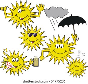 Vector cartoon showing smiling sun with umbrella, plus cloud.
