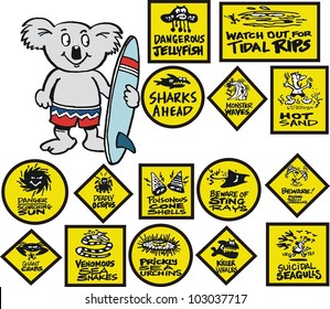 Vector cartoon showing surfing koala with warning signs