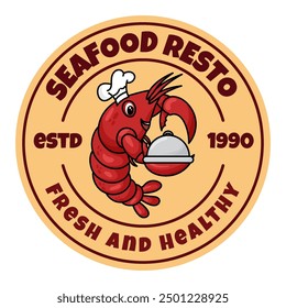 Vector of Cartoon Shrimp Carrying A Pan. Simple Seafood Logo With Vintage Style, Restaurant Logo
