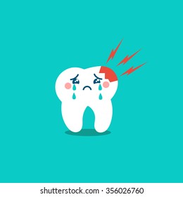 
Vector cartoon sick tooth. Decay and destroy tooth. Cute tooth crying. 