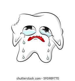 Vector cartoon sick tooth. Decay and destroy tooth. Cute tooth crying.