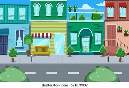 vector cartoon side street townhouse and shop with colorful wall and sidewalk and park trees illustration