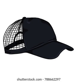 Vector Cartoon Side View Black Net Cap. Beach Headwear