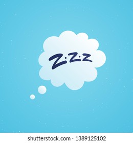 Vector cartoon sign illustration. Sleepy zzz cloud talk bubble icon on blue background. Design concept about sleep, dream, relax, insomnia.