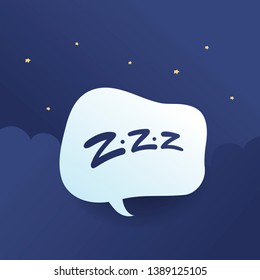 Vector cartoon sign illustration. Sleepy zzz talk bubble with on blue cloudy night sky with stars background. Design concept about sleep, dream, relax, insomnia, sleeping in nature.