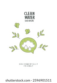 Vector cartoon sign sketch of clean water  in the speach bubble. Environmentally friendly planet concept. Think Green. Protect the World from pollution concept.