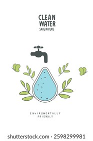 Vector cartoon sign sketch of clean water. Environmentally friendly planet concept. Think Green. Protect the World from pollution concept.	