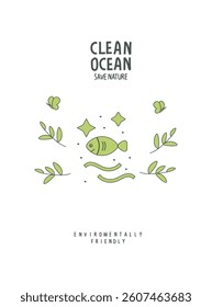 Vector cartoon sign sketch of clean ocean in the speach bubble. Environmentally friendly planet concept. Think Green. Protect the World from pollution concept.