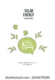 Vector cartoon sign sketch of solar panel  in the speach bubble. Environmentally friendly planet concept. Think Green. Protect the World from pollution concept.