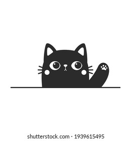 Vector cartoon silhouette of black cat waving to the wall is waving Cute kitten line drawing.