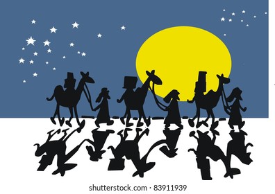 Vector cartoon of silhouette camels and riders at night.