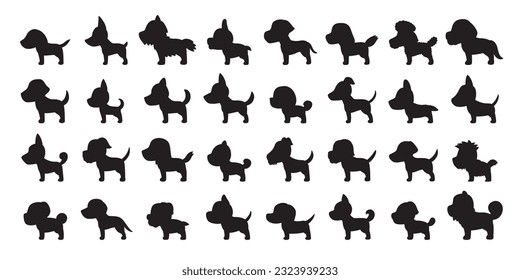 Vector cartoon silhouette dogs of various breeds side view for design.