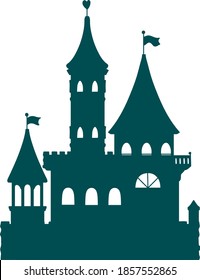 vector cartoon silhouette fairytale castle with tower and flags
