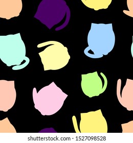 Vector cartoon silhouette illustration of Cute cat different emotion on black background. Kawaii cat seamless pattern ideal for textile, children room, baby shower