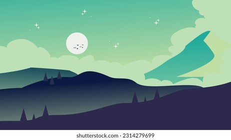 Silueta vectorial de dibujos animados de un paisaje montañoso con luna en el horizonte con aves