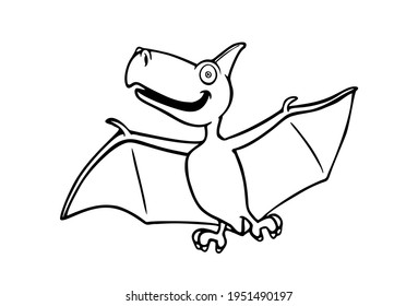 Vector cartoon silhouette outline black line art drawing of a fun baby dino pterodactyl dinosaur with wings and horn.Coloring page for children.Plotter cutting.Laser cut.Vinyl wall sticker decal.Print