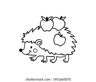 Vector cartoon Silhouette Outline Black line Art drawing illustration of funny baby hedgehog with three apples on needles.Coloring pages for kids.Plotter cutting.Laser cutting.Vinyl wall sticker.Print