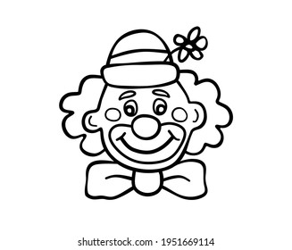 Vector Cartoon Silhouette Outline Black Line Art Drawing of a fun smiling man in makeup clown mask with hat,bow and flower.Circus.Coloring pages for kids.Plotter cutting.Vinyl wall sticker.Laser cut.