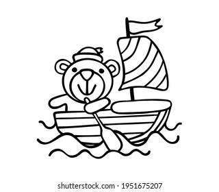 Vector Cartoon Silhouette Outline Black Line Art Drawing of a captain sailor bear cub floating on the waves on a sailing boat.Plotter cutting.Vinyl wall sticker.Laser cutting.Coloring pages for kids.