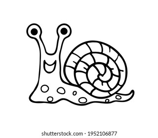 Vector Cartoon Silhouette Outline Black Line Art Drawing illustration of a fun smiling snail slug with spiral shell on its back.Plotter cutting.Vinyl wall sticker.Laser cut.Coloring pages for kids.