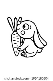 Vector cartoon silhouette outline black line art drawing of a fun cute baby hare rabbit bunny keeping carrot.Coloring page for kids.Plotter cutting.Laser cut.Vinyl wall sticker decal.Print. DIY.
