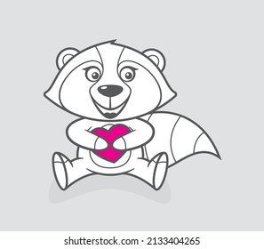 Vector cartoon silhouette of a raccoon holding a heart. Isolated on light gray background.