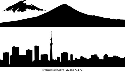 Vektorgrafik Silhouette von Tokyo City Skyline und Fujiyama Skyline in Schwarz.