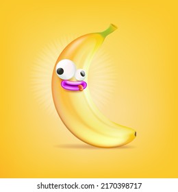 Vector cartoon silly banana fruit character isolated on orange background. Crazy yellow banana with funny cartoon eyes and mouth
