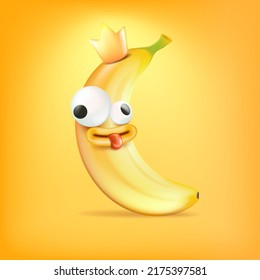 Vector cartoon silly banana fruit with crown character isolated on orange background. Crazy yellow king banana with funny cartoon eyes, king crown and mouth