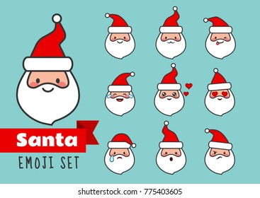 Vector cartoon simple flat line Santa Claus emoji set. Cute and funny different emotions Santa face stickers avatar portrait collection. Festive Christmas theme character design elements isolated.