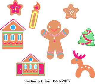 Vector cartoon simple flat set collection gingerbread cookie ghristmas homemade cooking deer man candle tree star new year card design element