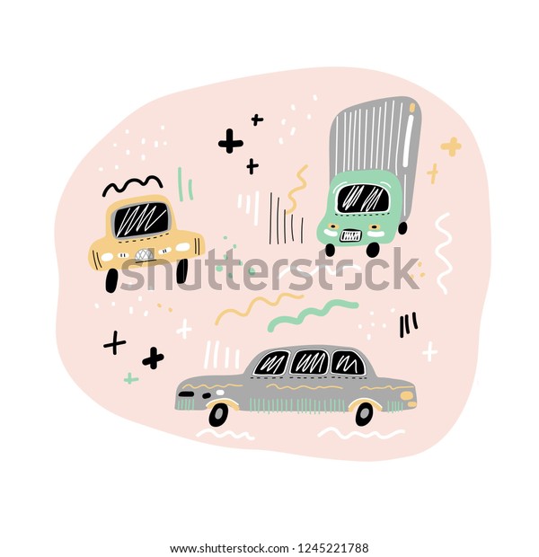 Vector cartoon simple illustration with different\
types of cars.