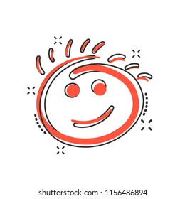 Vector cartoon simple smile icon in comic style. Hand drawn face doodle sign illustration pictogram. Smile business splash effect concept.