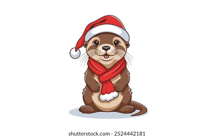 Vector cartoon sitting cute funny little otter in red scarf and Santa Claus hat. Merry Christmas and Happy New Year. White isolated background.