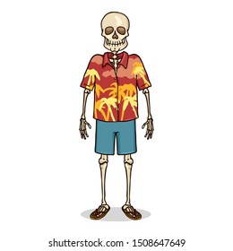 Vector Cartoon Skeleton Character in Hawaiian Shirt and Shorts.