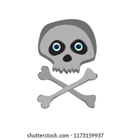 Vector cartoon skeleton scull with blue scary eyes isolated on white background. Halloween icon, clip art, digital design element, pirate symbol, sign.