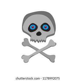 Vector cartoon skeleton scull with blue red eyes isolated on white background. Halloween icon, clip art, digital design element, pirate symbol, sign.