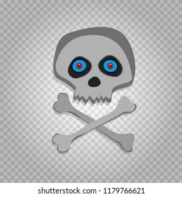 Vector cartoon skeleton scull with blue red eyes isolated on transparent background. Halloween icon, clip art, digital design element, pirate symbol, sign.