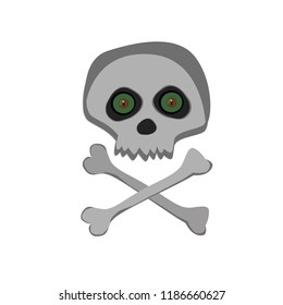 Vector cartoon skeleton scull with green angry eyes isolated on white background. Halloween icon, clip art, digital design element, pirate symbol, sign.