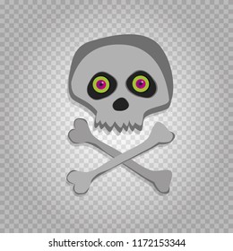 Vector cartoon skeleton scull with pink green eyes isolated on transparent background. Halloween icon, clip art, digital design element, pirate symbol, sign.