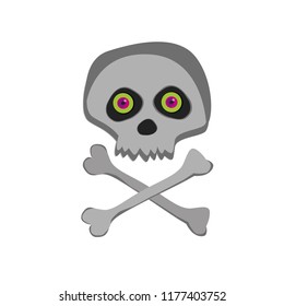 Vector cartoon skeleton scull with pink green eyes isolated on white background. Halloween icon, clip art, digital design element, pirate symbol, sign.