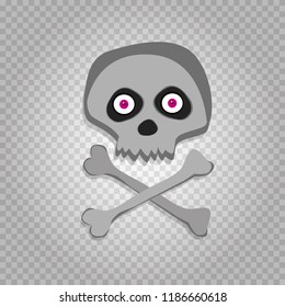 Vector cartoon skeleton scull with pink eyes isolated on white background. Halloween icon, clip art, digital design element, pirate symbol, sign.