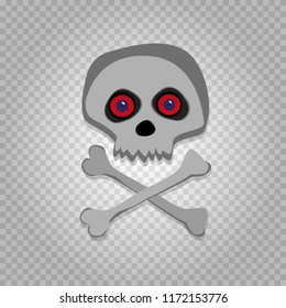 Vector cartoon skeleton scull with red eyes isolated on transparent background. Halloween icon, clip art, digital design element, pirate symbol, sign.